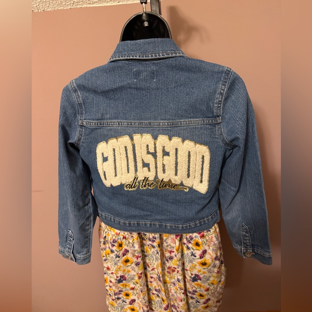 Girls size 10/12 Large Jean jacket, God is Good all the time Chenille Patch
